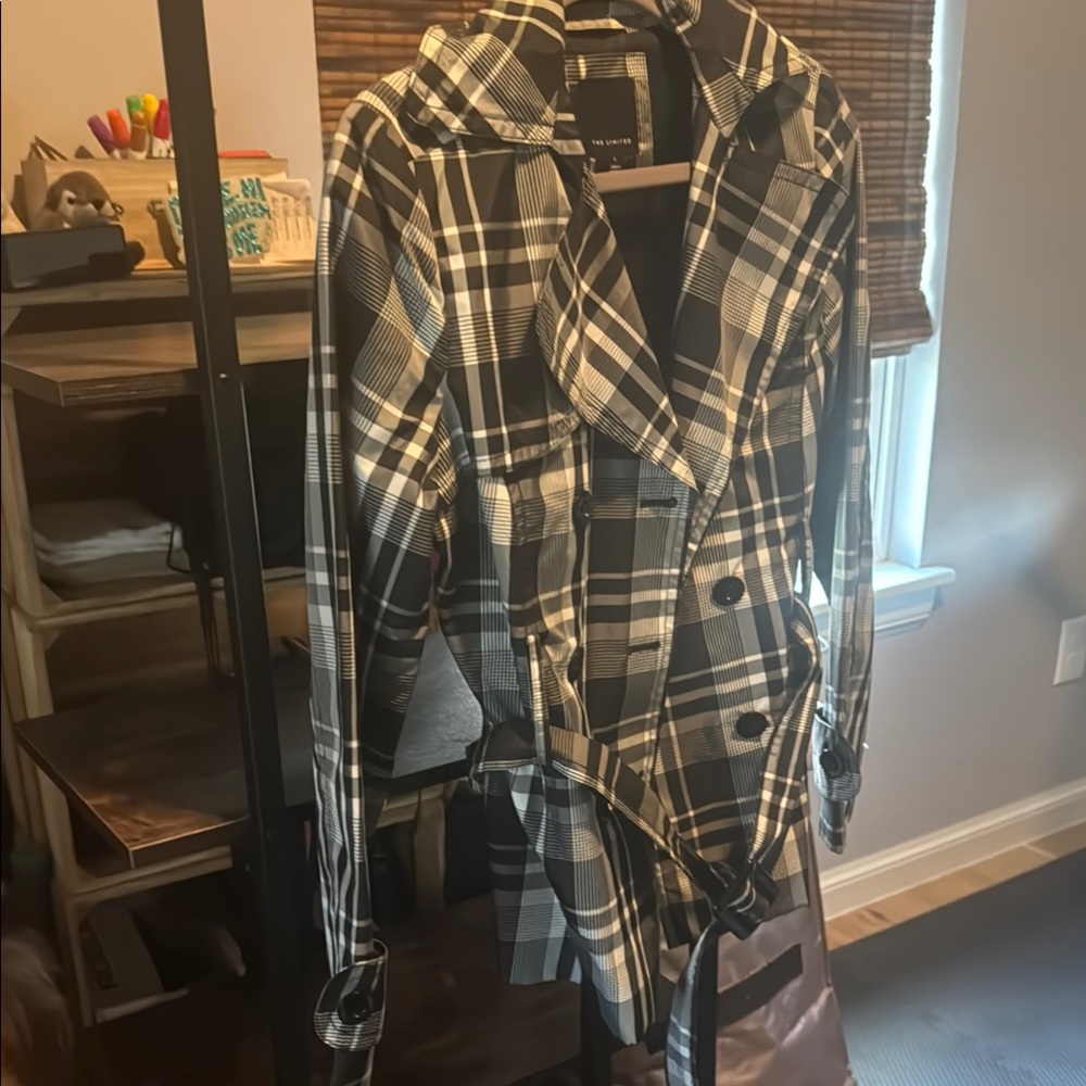 The Limited Black and White Trench Coat Classic Plaid Design